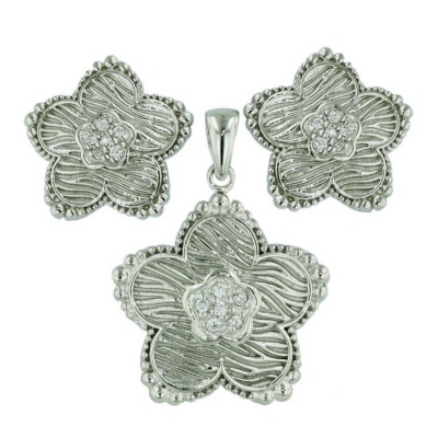 Sterling Silver Set Clear Cubic Zirconia Flower with Line Texture Petals+Dots