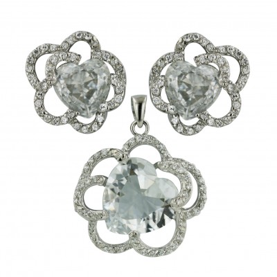 Sterling Silver Pendant (15X15mm) +Earg (11X11mm) Sets Clear Cubic Zirconia Open Flower