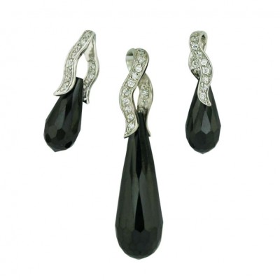 Sterling Silver Set Clear Cubic Zirconia Lines+Black Cubic Zirconia Long Drop