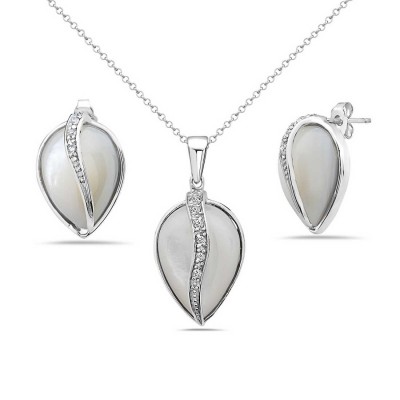 Sterling Silver Set Cabochon White Mother of Pearl Tear Drop with Clear Cubic Zirconia Lines B
