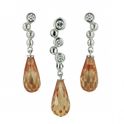 Sterling Silver Set Plain+Clear Cubic Zirconia Bbb with Champagne Cubic Zirconia Broilette Drop