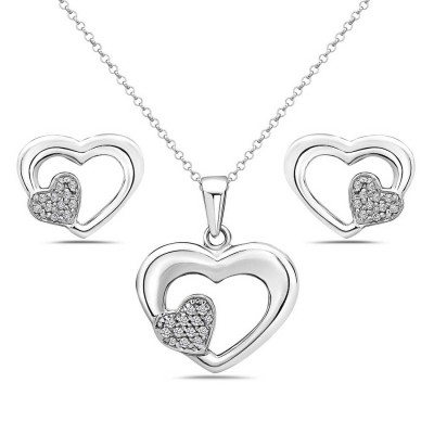 Sterling Silver Pendant 15X20mm+Earring 12X15mm Open Silver Heart with C