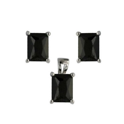 Sterling Silver 8X6mm Earring+7X9mm Rectangular Black Cubic Zirconia