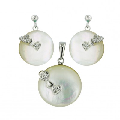 Sterling Silver Pendant 19mm+Earring 15mm Round White Mother of Pearl with Clear Cubic Zirconia+Plain