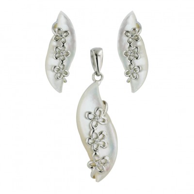 Sterling Silver Set White Mother of Pearl Wavy Tear Drop with Clear Cubic Zirconia Small Flower