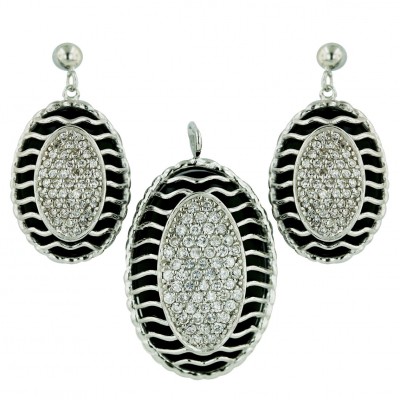 Sterling Silver Pendant (31X21mm) +Earg (22X17mm) Oval Onyx Wavy Lines