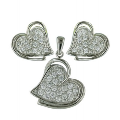 Sterling Silver Pendant 15mm+Earring 12mm Clear Cubic Zirconia Heart Bezel Set with Pla