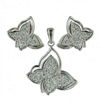 Sterling Silver Pendant 13mm+Earring 10mm Clear Cubic Zirconia+Plain Layer Butterfly