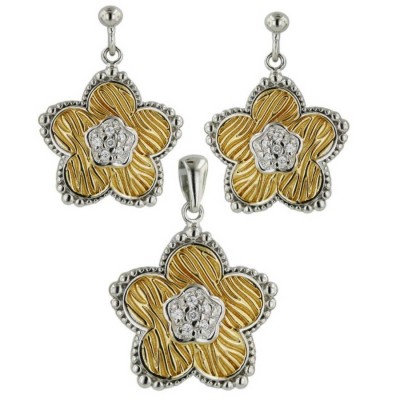 Sterling Silver Set 2 Tone Gold Line Texture with Clear Cubic Zirconia Flower Bezel