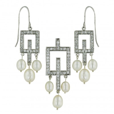 Sterling Silver Set Clear Cubic Zirconia Open Rectangular with 3 White Fresh Water Pearl Dangle