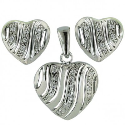 Sterling Silver Pendant+Earring Clear Cubic Zirconia Open Lined Heart--Rhodium Plating/Nickle Free--