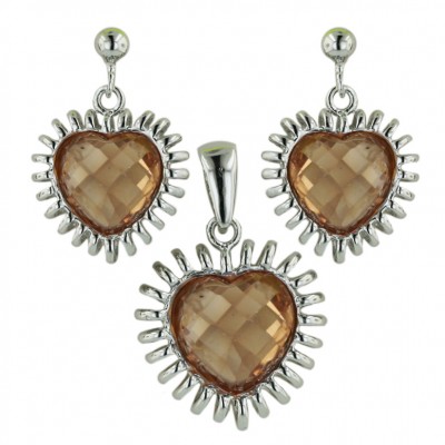 Sterling Silver Pendant 15mm+Earring 12mm Champagne Cubic Zirconia Chess Cut Heart with Spi