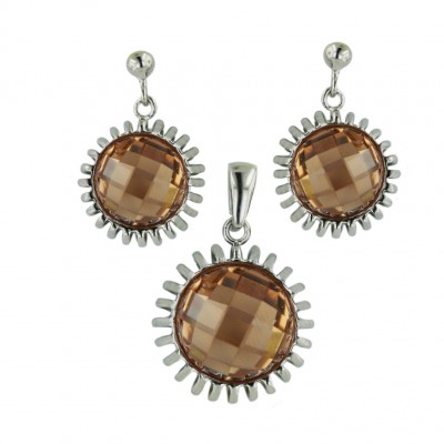 Sterling Silver Pendant 15mm+Earring 12mm Champagne Cubic Zirconia Round Chess Cut with Spi