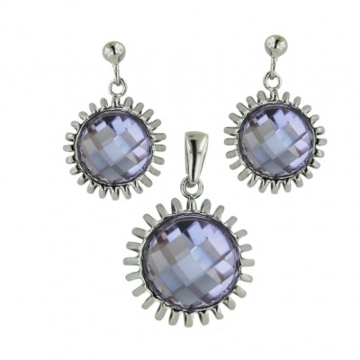 Sterling Silver Pendant 15mm+Earring 12mm Lv Cubic Zirconia Round Chess Cut with Spi