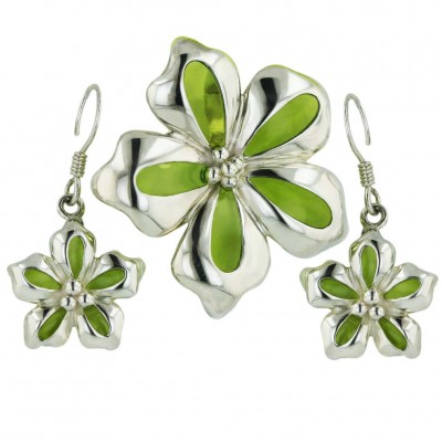 Sterling Silver Pendant 22X22mm+Earring 27X14mm Light Green Enamel Flow