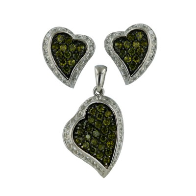 Sterling Silver Set Olivine Cubic Zirconia Aside Heart with Clear Cubic Zirconia Around