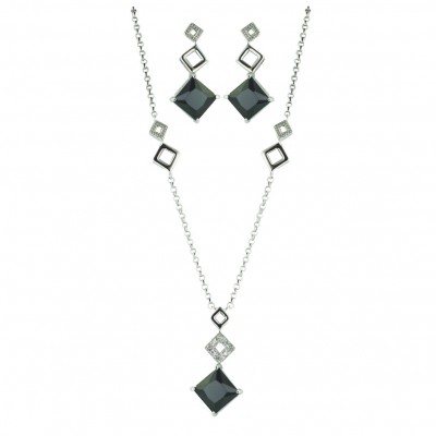 Sterling Silver Necklace+Earring 10X10mm Black Cubic Zirconia Rhombus Princess Cut with