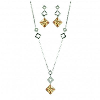 Sterling Silver Pendant+Earring 10X10mm Champagne Cubic Zirconia Rhombus Princess Cut with