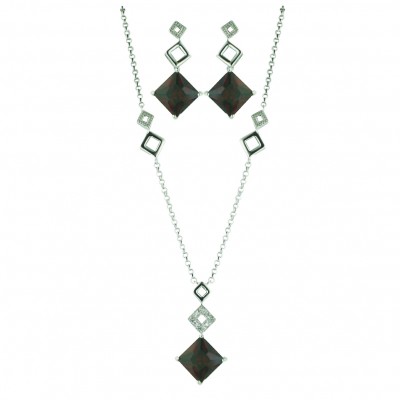 Sterling Silver Pendant+Earring 10X10mm Clear Cubic Zirconia Rhombus Princess Cut with
