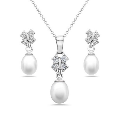 Sterling Silver Set 4Pcs Clear Cubic Zirconia Butterfly Top with White Fresh Water Pearl Dang