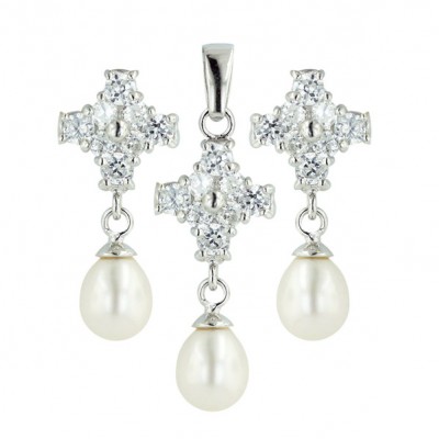 Sterling Silver Set 8Pcs Clear Cubic Zirconia Flower Top with White Fresh Water Pearl Dangle