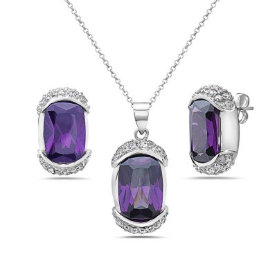 Sterling Silver Pendant 21X11mm+Earring 16X9mm Amethyest Cubic Zirconia Oval with Clear