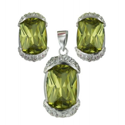Sterling Silver Pendant 21X11mm+Earring 16X9mm Light Peridot Cubic Zirconia Oval with