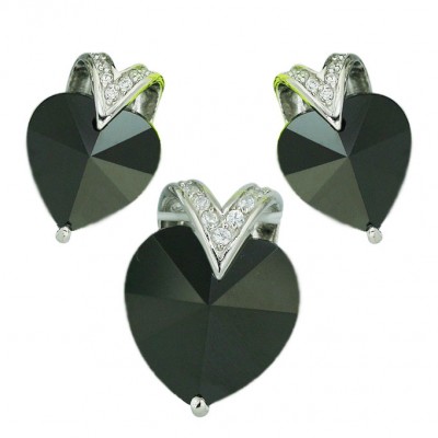 Sterling Silver Pendant 17mm+Earring 14mm Black Cubic Zirconia Heart with Cubic Zirconia "V" Bezel