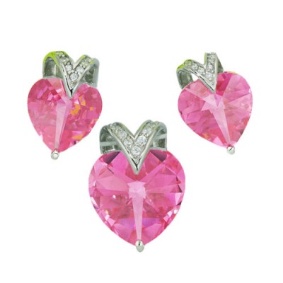 Sterling Silver Pendant 17mm+Earring 14mm Pink Cubic Zirconia Heart with Cubic Zirconia "V" Bezel