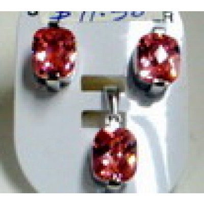 Sterling Silver Set Earring+Pendant Oval Checkerboard Cut Pink Cubic Zirconia