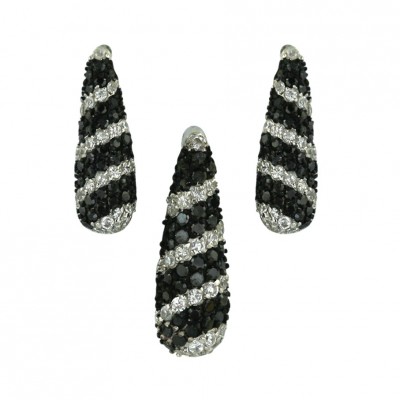 Sterling Silver Set Pave Black Cubic Zirconia (Black Plated) +Clear Cubic Zirconia Diagonal Dro