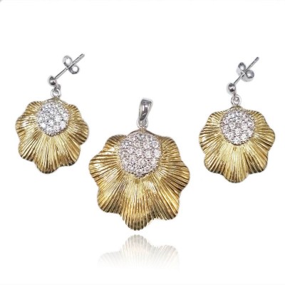 Sterling Silver Pendant 28mm+Earring 20mm 2 Tone Gold Flower Line Textu