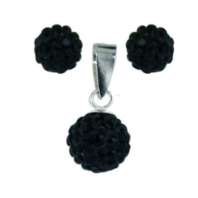 Sterling Silver Pendant (8mm) +Earg (6mm) Set Black Crystal Fireball-