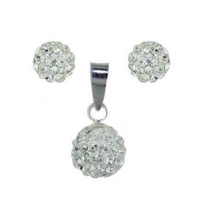 Sterling Silver Pendant (8mm) +Earg (6mm) Set Clear Crystal Fireball-