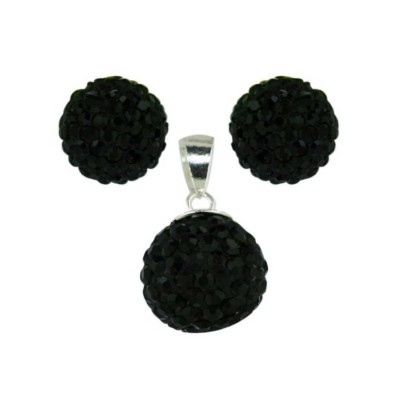 Sterling Silver Pendant (12mm) +Earg (10mm) Set Black Crystal Fireball