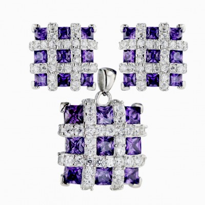 Sterling Silver Pendant 17X17mm+Earring 13X13mm Square 3 Pcs Amethyst Cubic Zirconia Square P