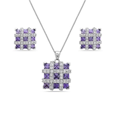 Sterling Silver Pendant 17X17mm+Earring 13X13mm Square 3 Pcs Amethyst Cubic Zirconia Square P
