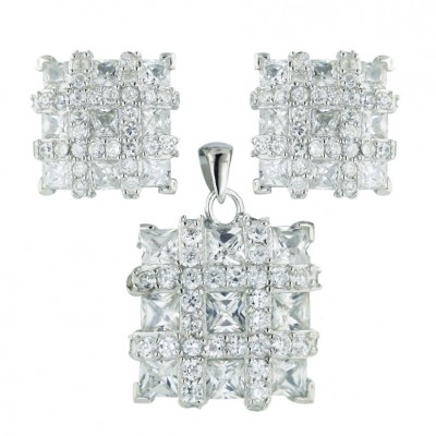 Sterling Silver Pendant 17X17mm+Earring 13X13mm Square 3 Pcs Clear Cubic Zirconia Square P