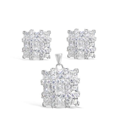 Sterling Silver Pendant 17X17mm+Earring 13X13mm Square 3 Pcs Clear Cubic Zirconia Square P