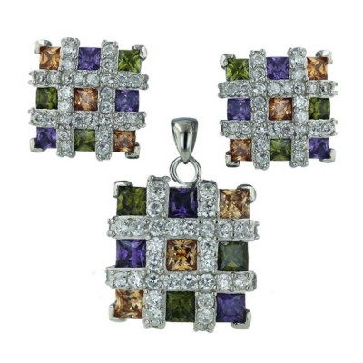 Sterling Silver Pendant 17X17mm+Earring 13X13mm Square 3 Pcs Champagne+Amethyst+Olivine Cubic Zirconia