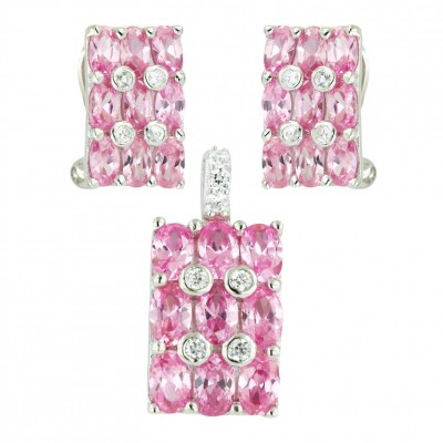 Sterling Silver Pendant 18X12mm Rectangular Pink Cubic Zirconia with Clear Cubic Zirconia Dots--E-coated/Nickle Free-