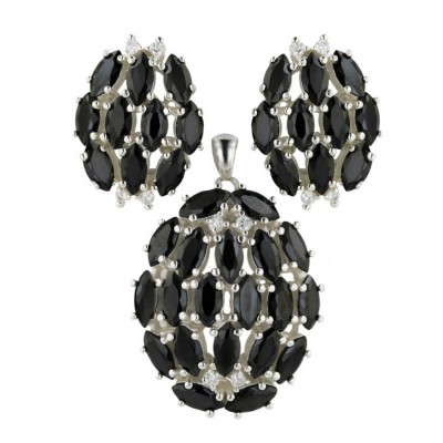Sterling Silver Pendant 27.5X23.5mm+Earring 18X14mm Oval Black Cubic Zirconia Marqu