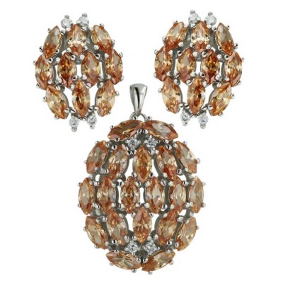 Sterling Silver Pendant 27.5X23.5mm+Earring 18X14mm Oval Champagne Cubic Zirconia Marqu