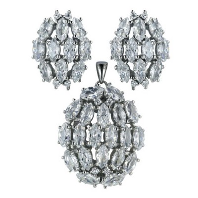 Sterling Silver Pendant 27.5X23.5mm+Earring 18X14mm Oval Clear Cubic Zirconia Marqu