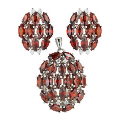 Sterling Silver Pendant 27.5X23.5mm+Earring 18X14mm Oval Garnet Cubic Zirconia Marqu