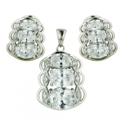 Sterling Silver Pendant 19X15mm+Earring 14X11mm Wavy Oval Clear Cubic Zirconia Round
