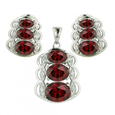 Sterling Silver Pendant 19X15mm+Earring 14X11mm Wavy Oval Garnet Cubic Zirconia Round
