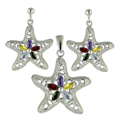 Sterling Silver Set Lv+Citrine+Amethyst+Garnet +Olivine Cubic Zirconia Marquis with Brushed Starfis