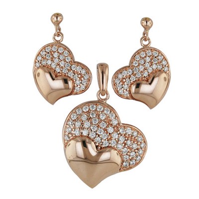 Sterling Silver Pendant 21mm+Earring 15mm Rosegold Tone with Clear Cubic Zirconia Slant