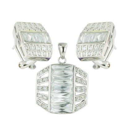 Sterling Silver Pendant 20X20mm+Earring 16X14mm Octagon with Clear Cubic Zirconia+5 Clear